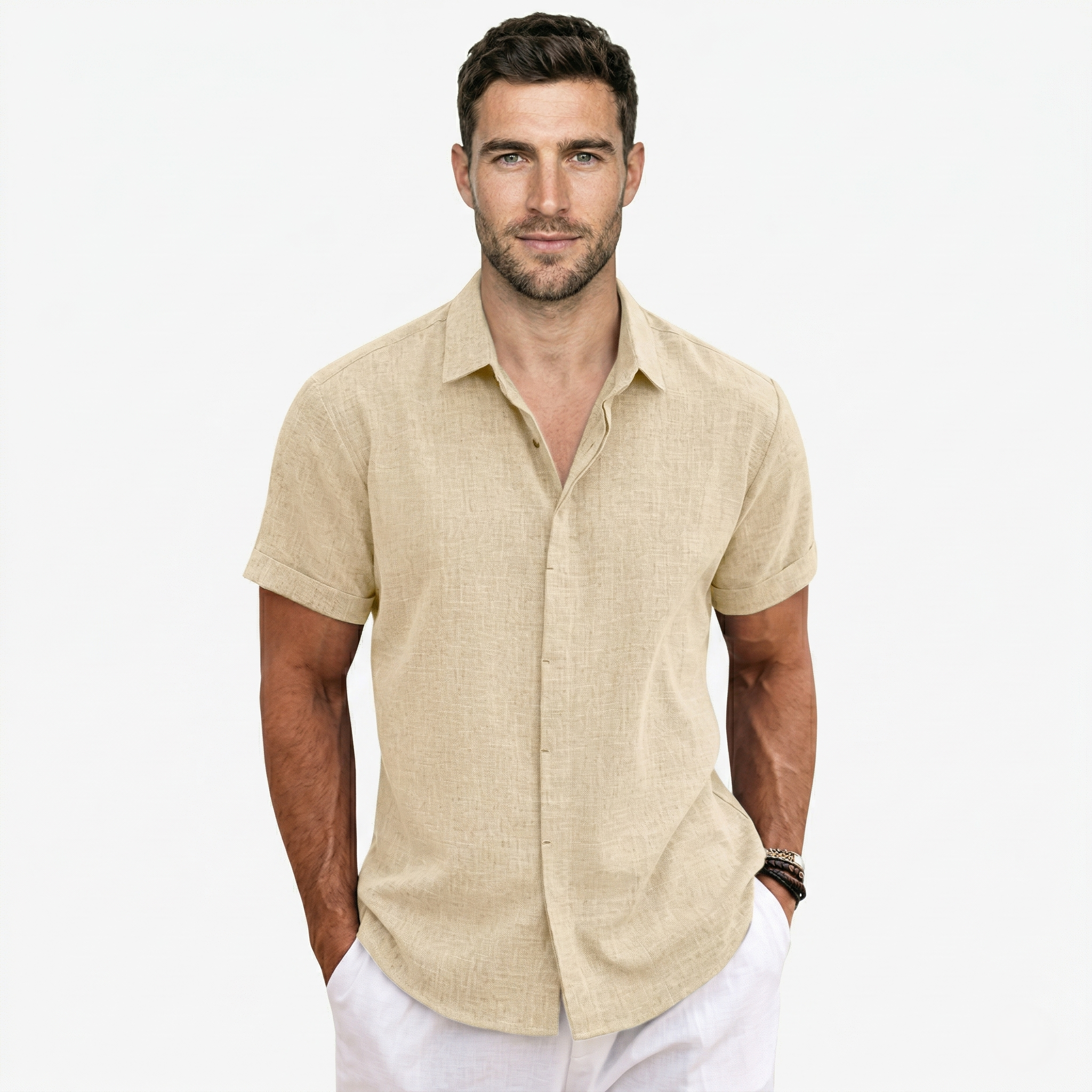 Oldevaine | Men’s Short Sleeve Button-Up Shirt Casual Turn-Down Collar