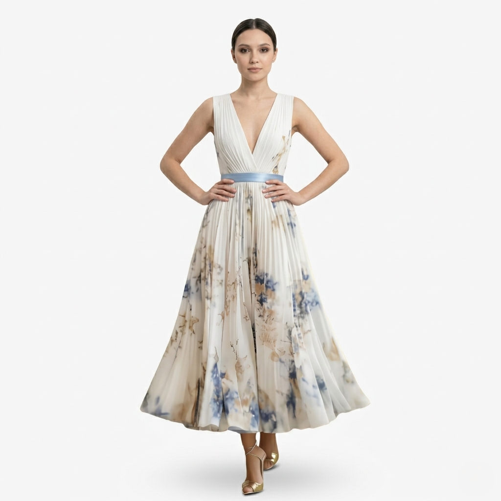 Oldevaine | Pleated Midi Dress V-Neck Sleeveless Floral Print A-Line