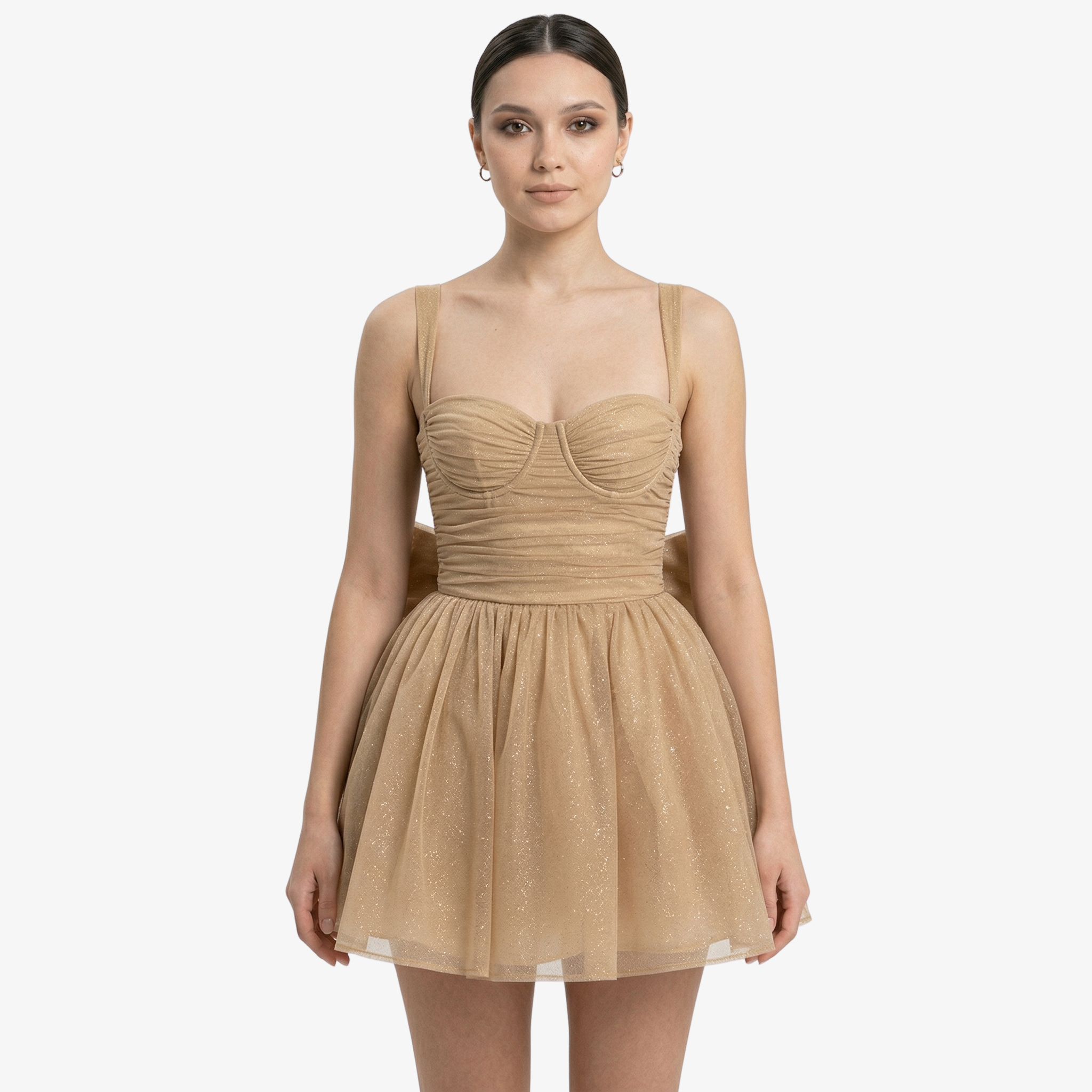 Oldevaine | Women’s Glitter Ruched Mini Dress Spaghetti Strap Bow Back Detail
