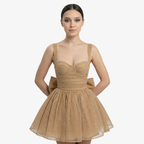 Oldevaine | Women’s Glitter Ruched Mini Dress Spaghetti Strap Bow Back Detail