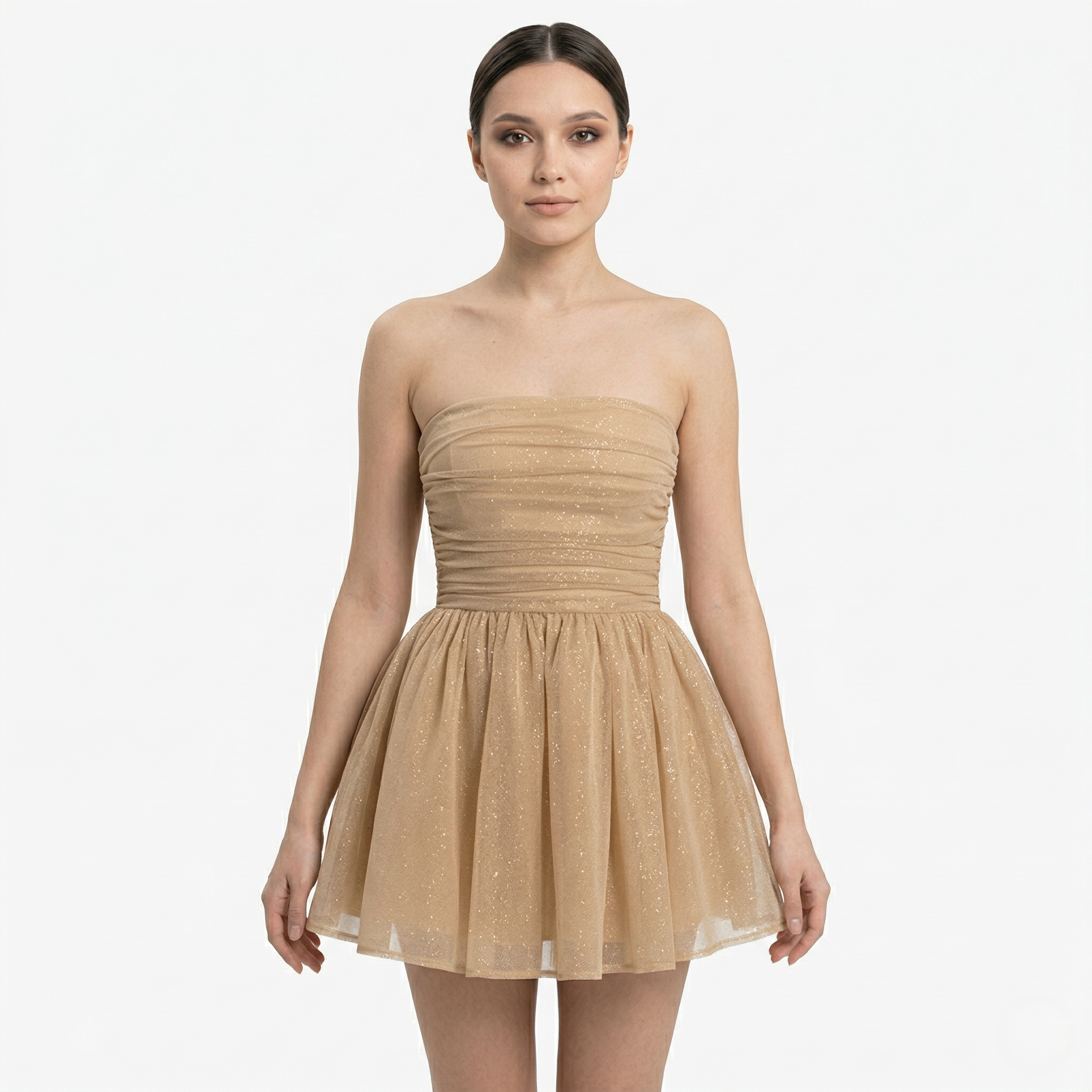Oldevaine | Women’s Strapless Glitter Mini Dress Ruched Bow Back Detail