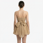 Oldevaine | Women’s Strapless Glitter Mini Dress Ruched Bow Back Detail