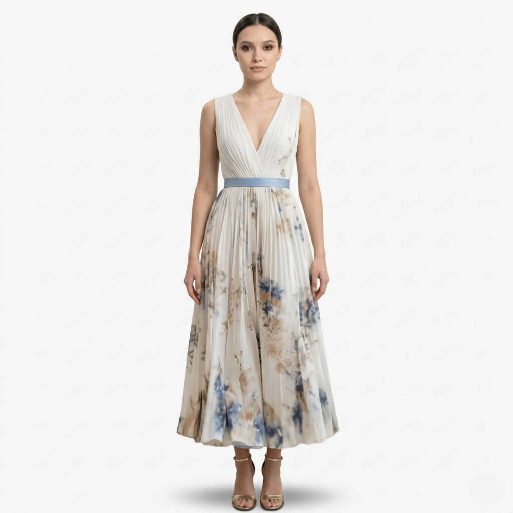 Oldevaine | Pleated Midi Dress V-Neck Sleeveless Floral Print A-Line