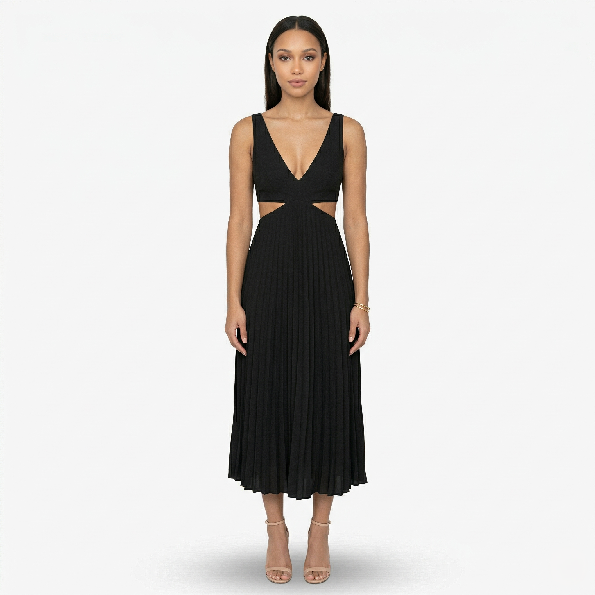 Oldevaine | Pleated Midi Dress V Neck Sleeveless Cut Out Waist