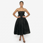 Oldevaine | Women’s Strapless Glitter Midi Dress Ruched Bow Back Detail