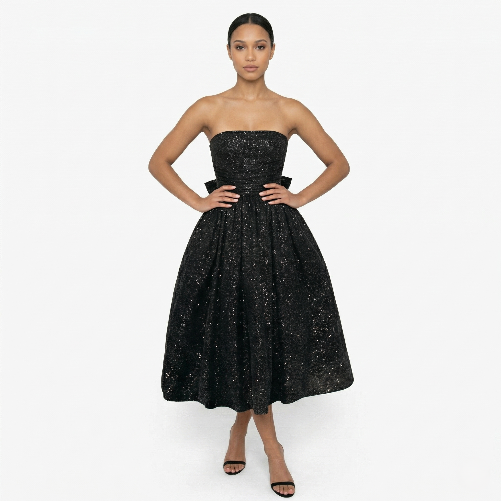 Oldevaine | Women’s Strapless Glitter Midi Dress Ruched Bow Back Detail
