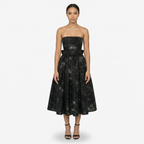Oldevaine | Women’s Strapless Glitter Midi Dress Ruched Bow Back Detail