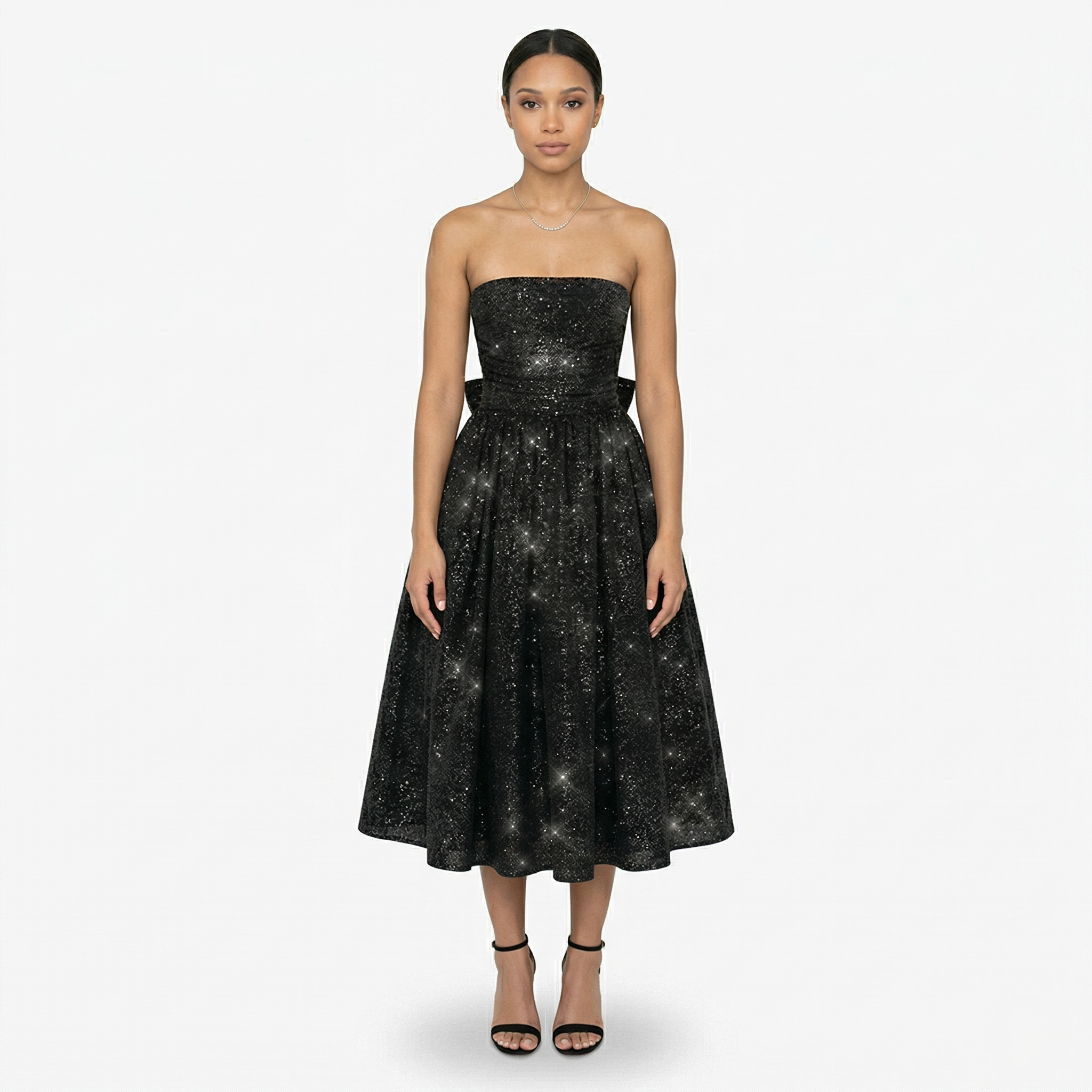 Oldevaine | Women’s Strapless Glitter Midi Dress Ruched Bow Back Detail