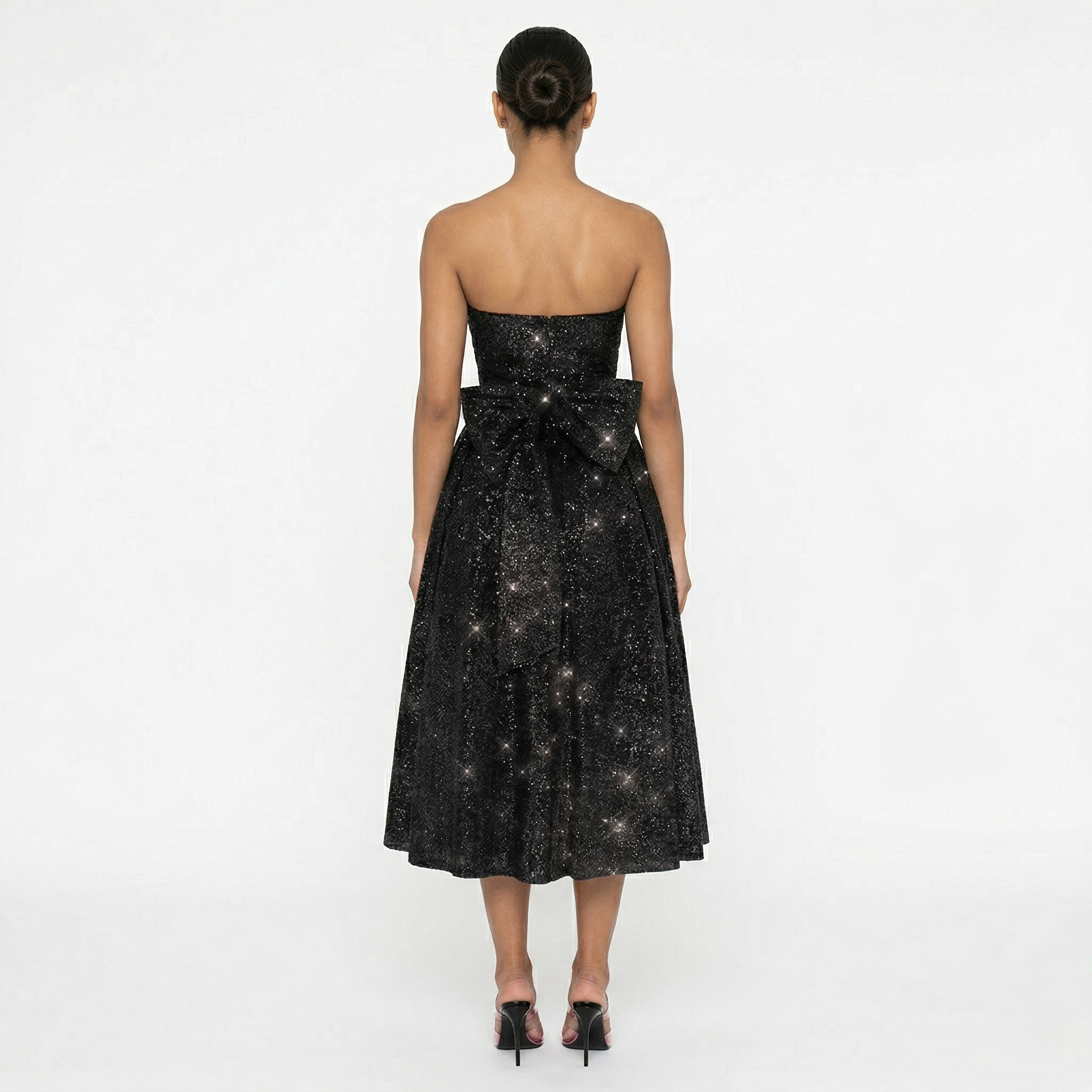 Oldevaine | Women’s Strapless Glitter Midi Dress Ruched Bow Back Detail