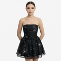 Oldevaine | Women’s Strapless Glitter Mini Dress Ruched Bow Back Detail