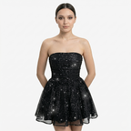 Oldevaine | Women’s Strapless Glitter Mini Dress Ruched Bow Back Detail