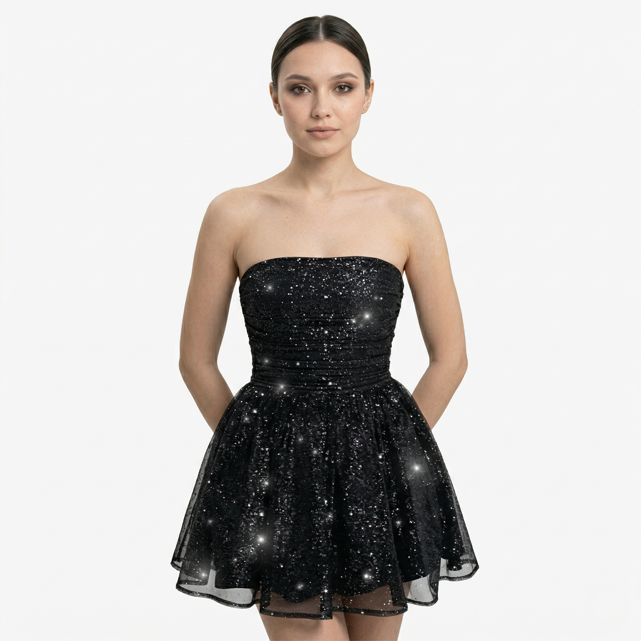 Oldevaine | Women’s Strapless Glitter Mini Dress Ruched Bow Back Detail