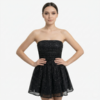 Oldevaine | Women’s Strapless Glitter Mini Dress Ruched Bow Back Detail