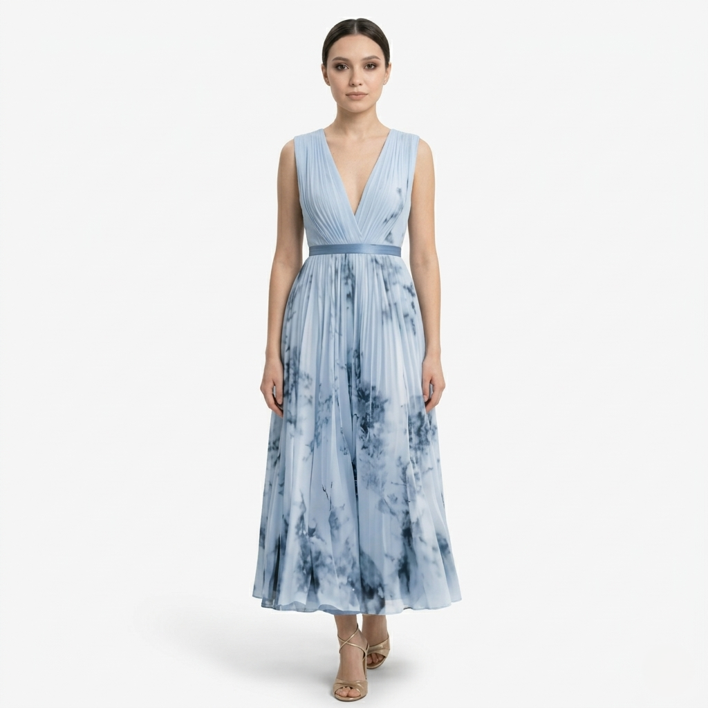 Oldevaine | Pleated Midi Dress V-Neck Sleeveless Floral Print A-Line