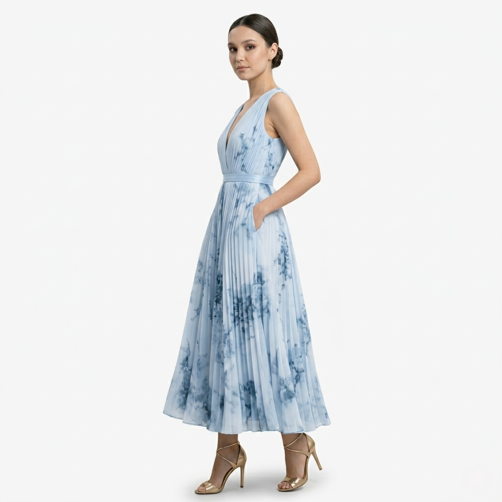 Oldevaine | Pleated Midi Dress V-Neck Sleeveless Floral Print A-Line