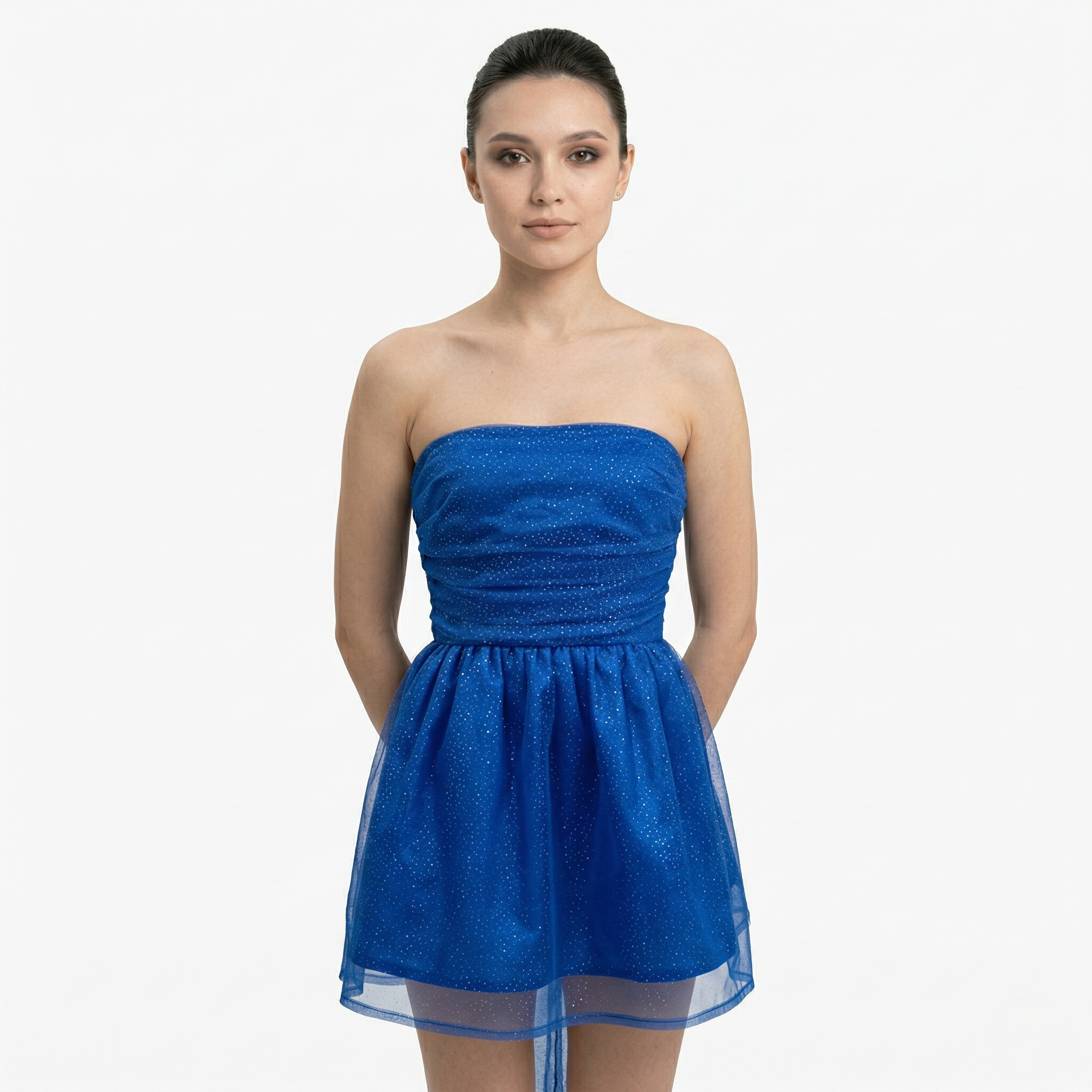 Oldevaine | Women’s Strapless Glitter Mini Dress Ruched Bow Back Detail