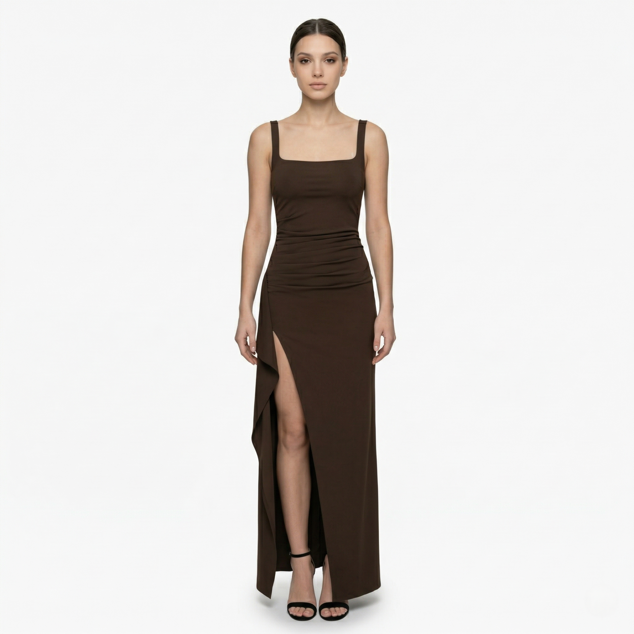 Oldevaine | Evening Maxi Dress Square Neck Sleeveless High Split