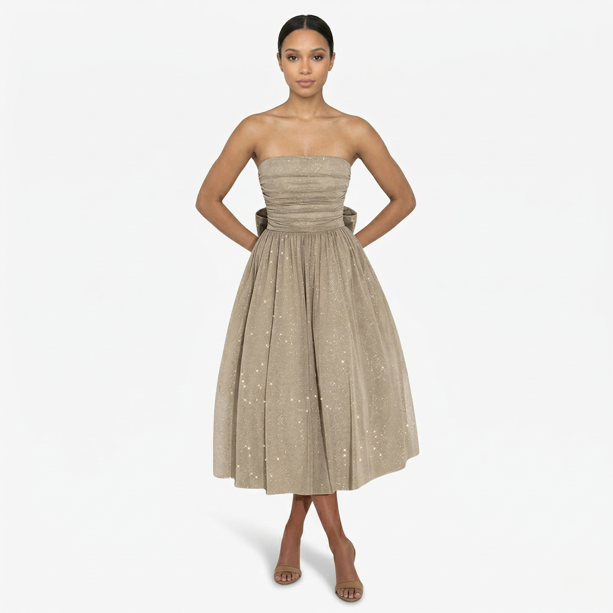 Oldevaine | Women’s Strapless Glitter Midi Dress Ruched Bow Back Detail