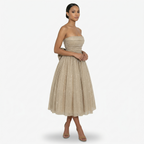 Oldevaine | Women’s Strapless Glitter Midi Dress Ruched Bow Back Detail