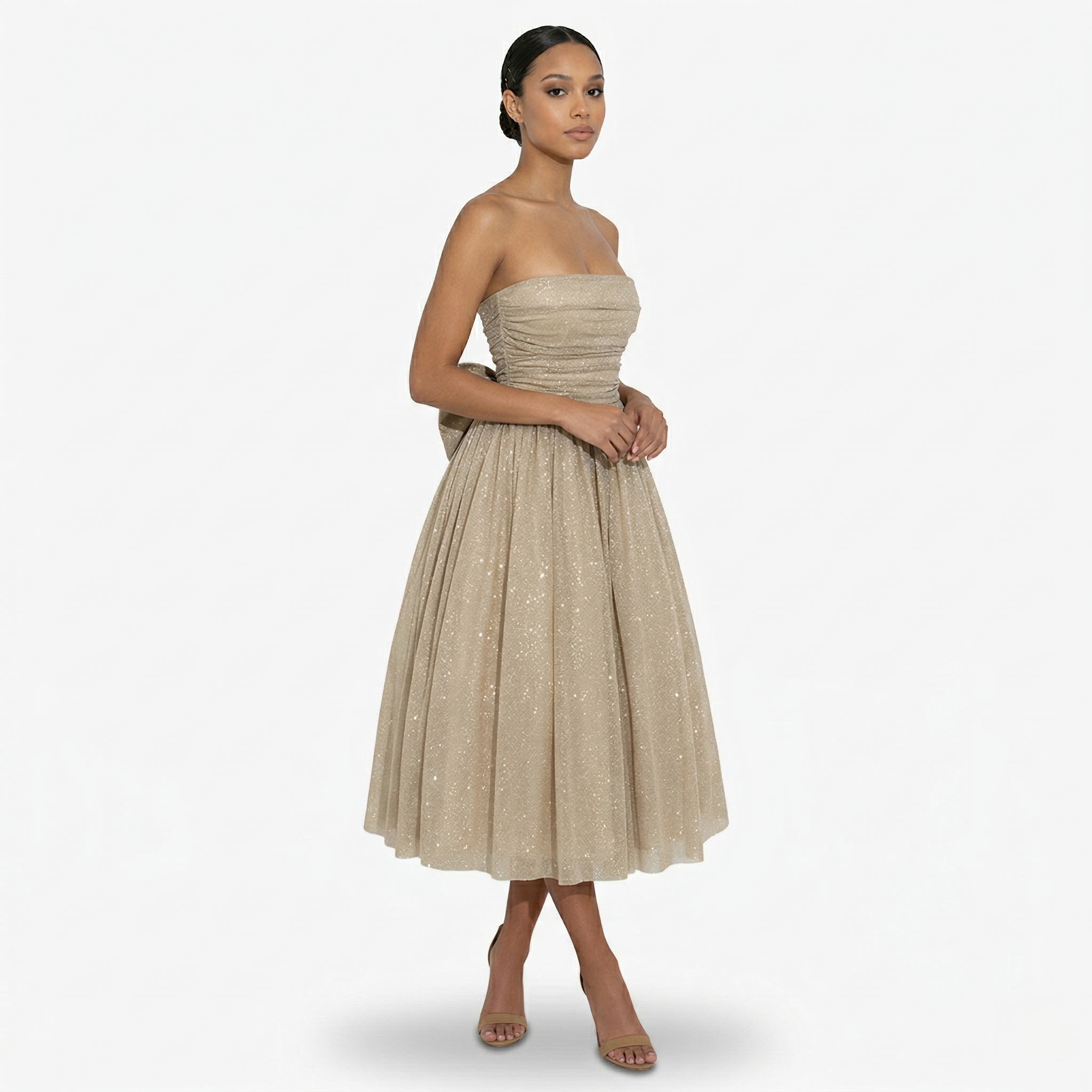 Oldevaine | Women’s Strapless Glitter Midi Dress Ruched Bow Back Detail