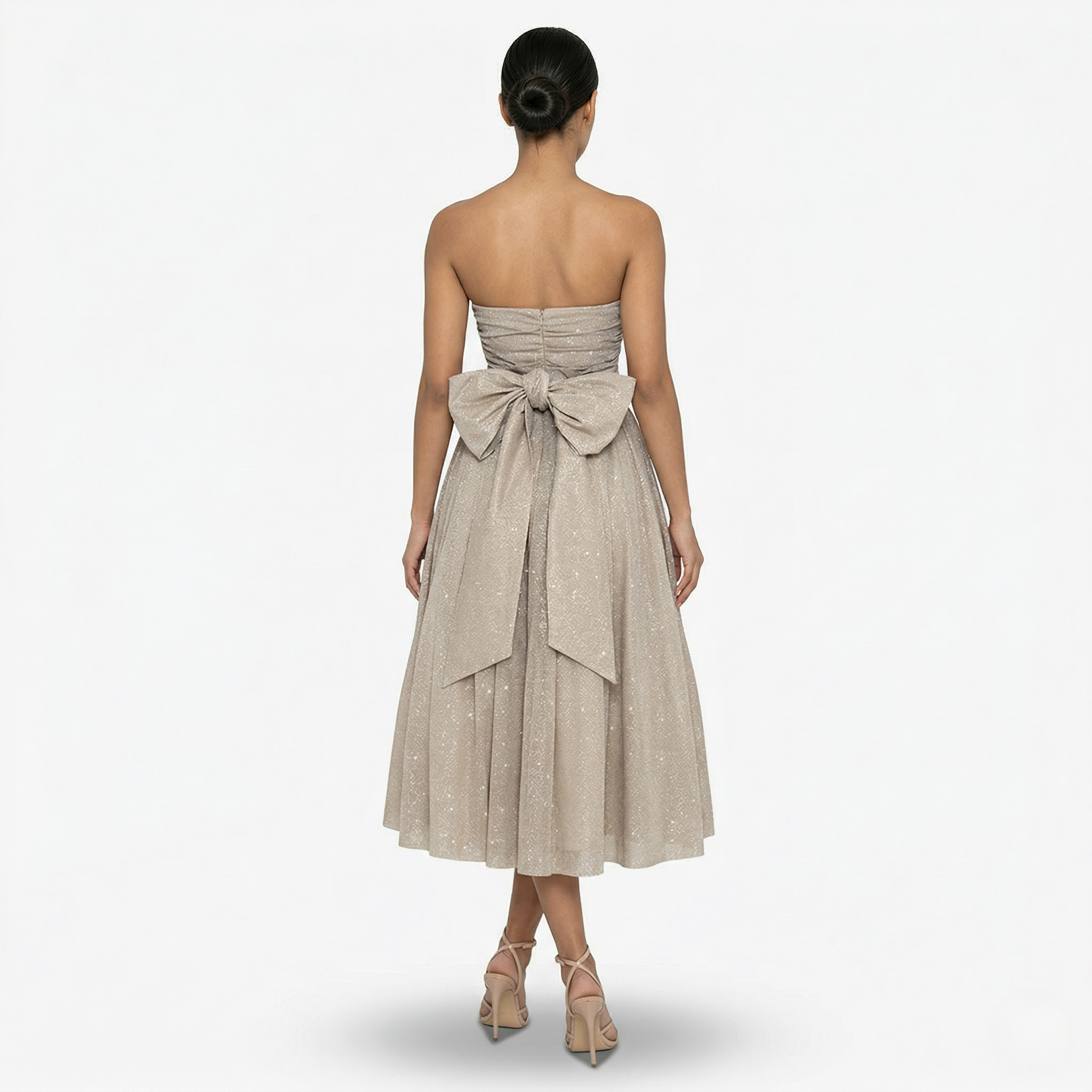 Oldevaine | Women’s Strapless Glitter Midi Dress Ruched Bow Back Detail
