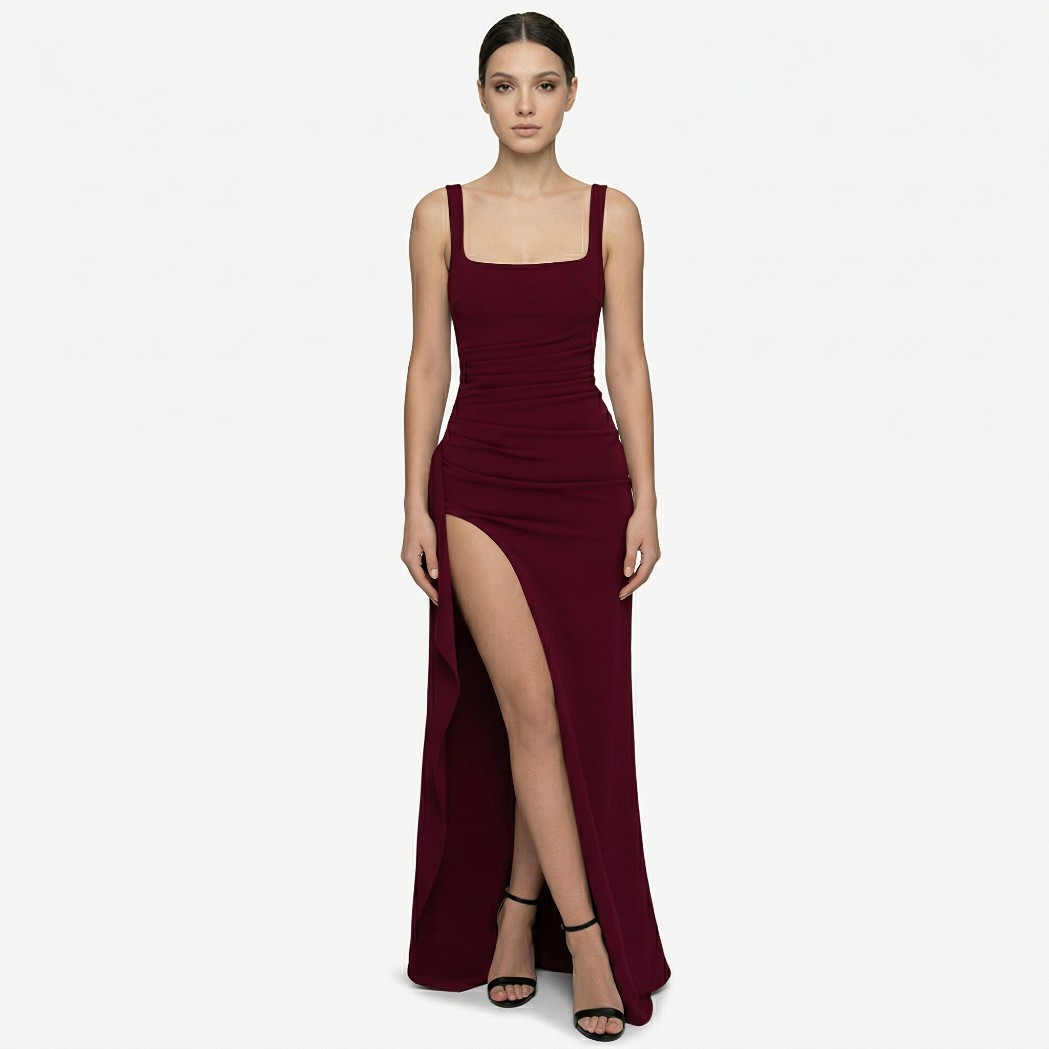Oldevaine | Evening Maxi Dress Square Neck Sleeveless High Split