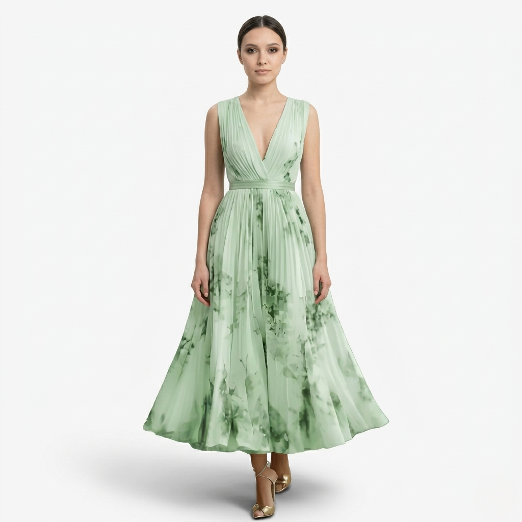 Oldevaine | Pleated Midi Dress V-Neck Sleeveless Floral Print A-Line