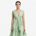 Oldevaine | Pleated Midi Dress V-Neck Sleeveless Floral Print A-Line