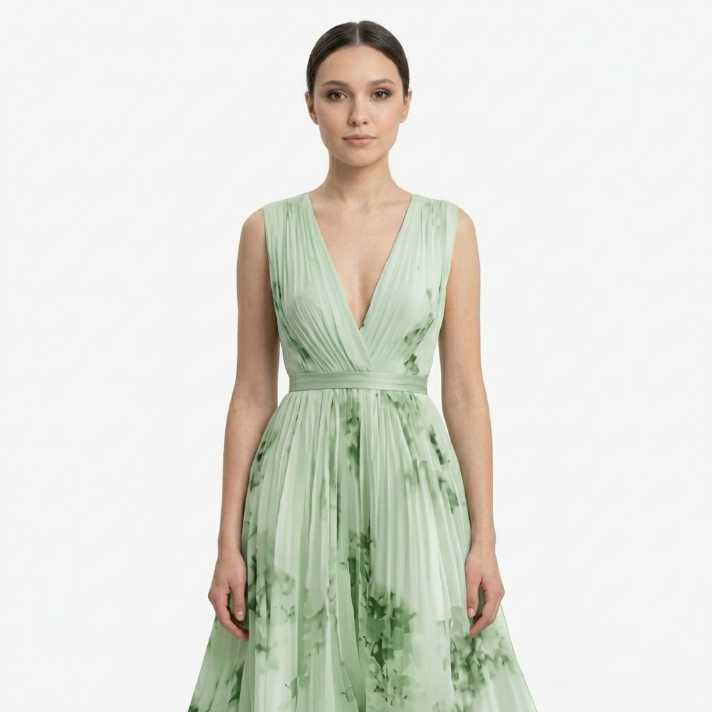Oldevaine | Pleated Midi Dress V-Neck Sleeveless Floral Print A-Line