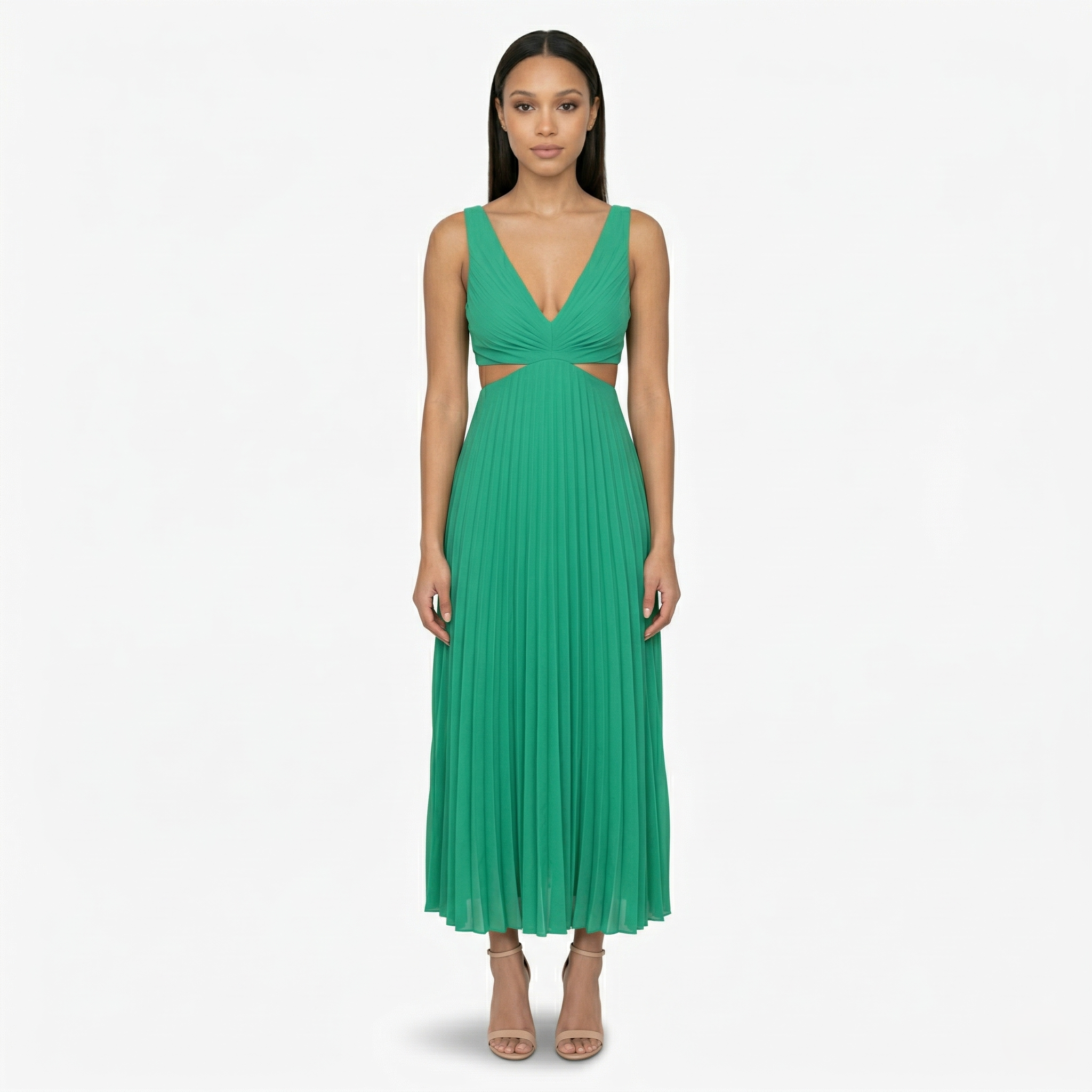 Oldevaine | Pleated Midi Dress V Neck Sleeveless Cut Out Waist