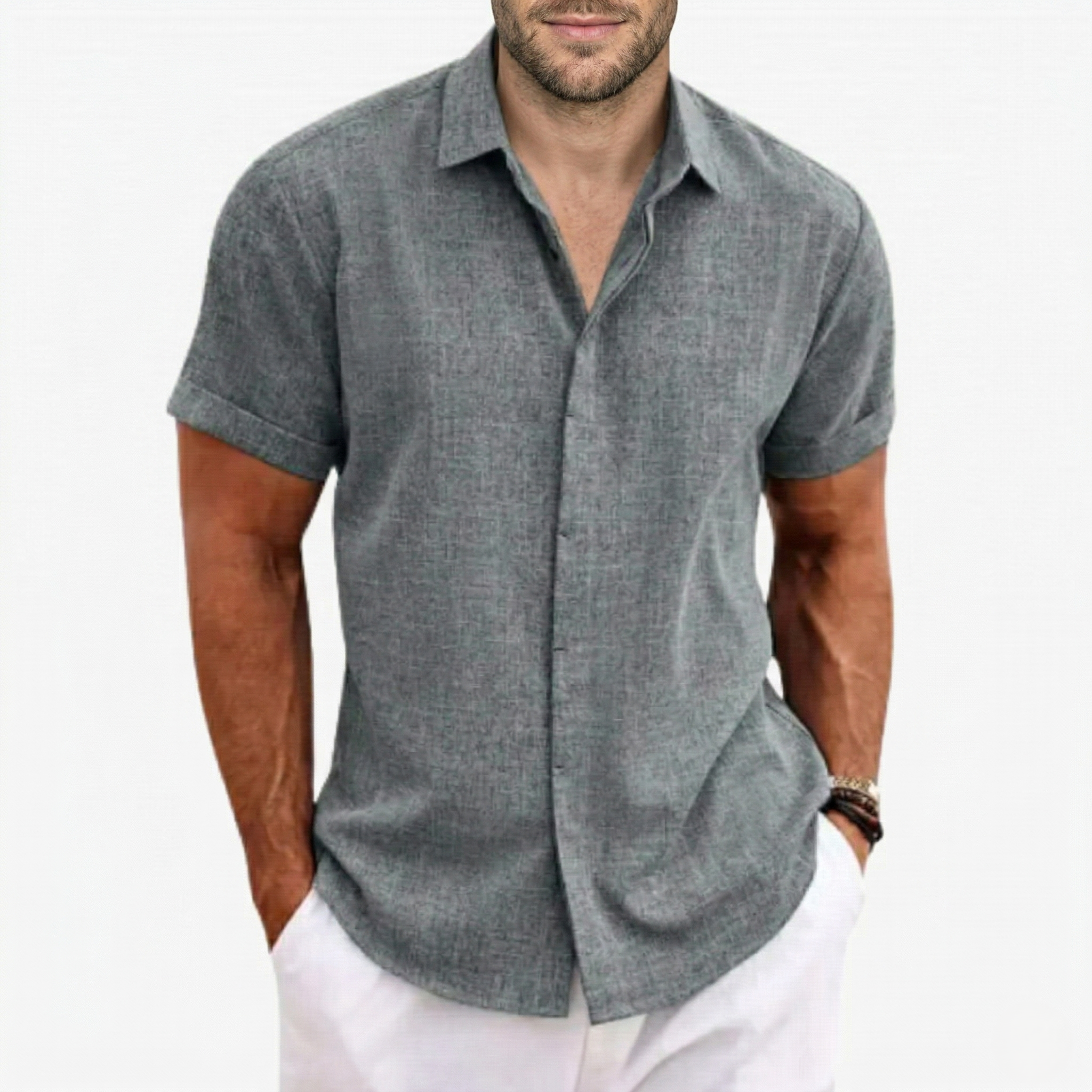 Oldevaine | Men’s Short Sleeve Button-Up Shirt Casual Turn-Down Collar