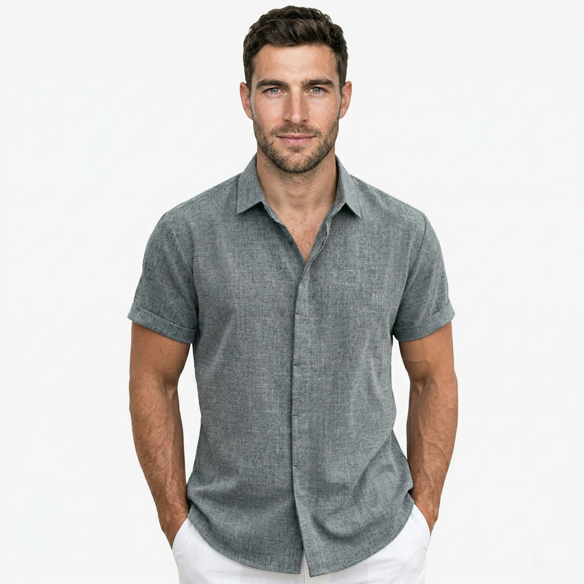 Oldevaine | Men’s Short Sleeve Button-Up Shirt Casual Turn-Down Collar