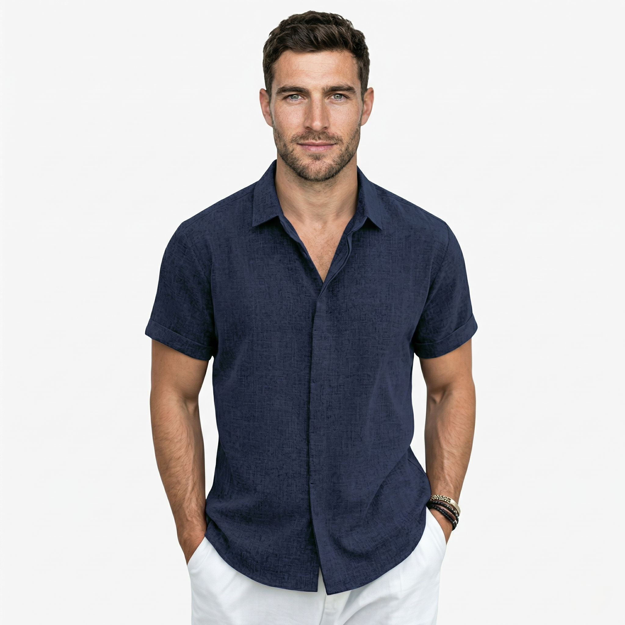 Oldevaine | Men’s Short Sleeve Button-Up Shirt Casual Turn-Down Collar
