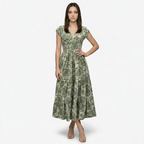 Oldevaine | Cap Sleeve V-Neck Floral Print Tiered Maxi Dress
