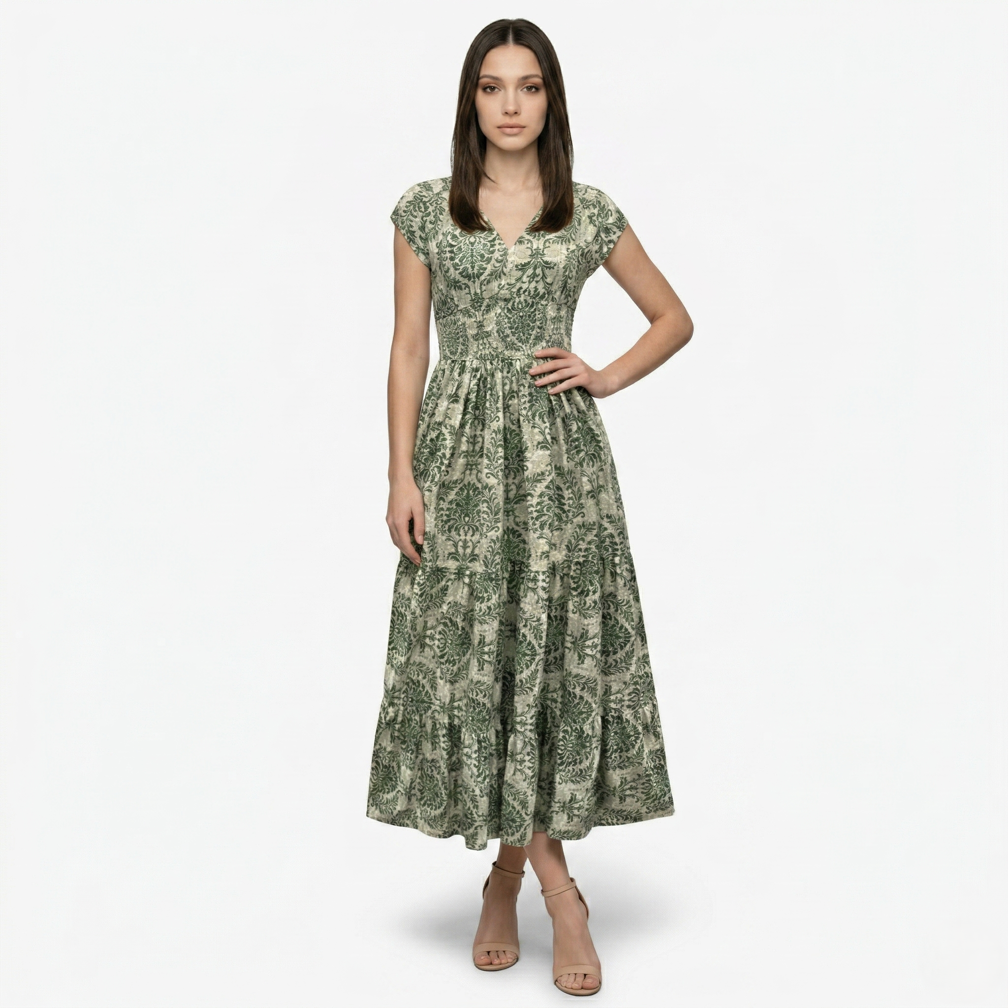 Oldevaine | Cap Sleeve V-Neck Floral Print Tiered Maxi Dress