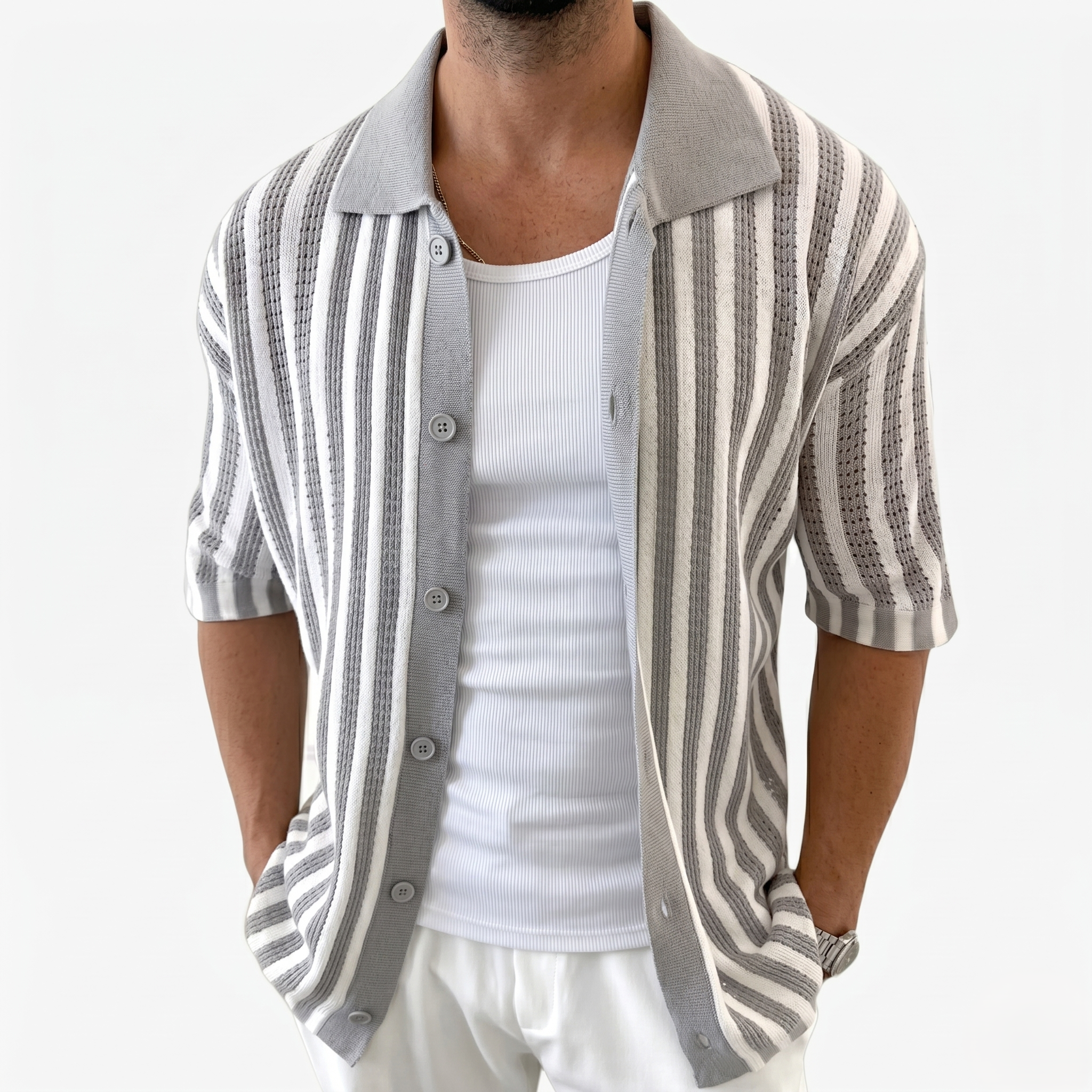Oldevaine | Men's Cotton Striped Polo Shirt Knitted