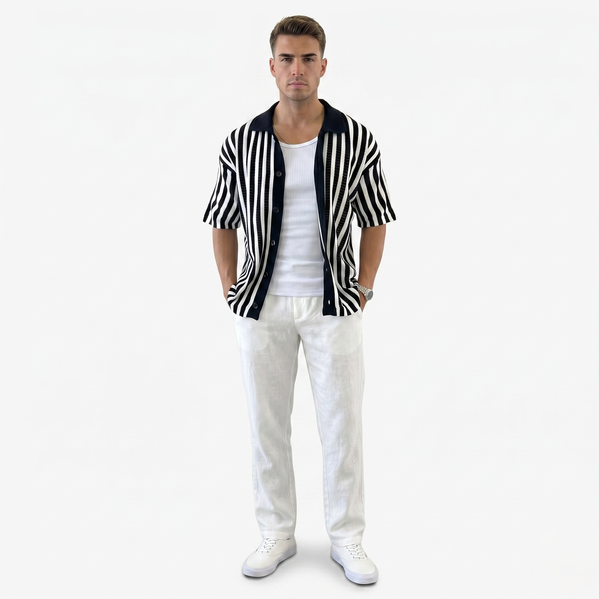 Oldevaine | Men's Cotton Striped Polo Shirt Knitted