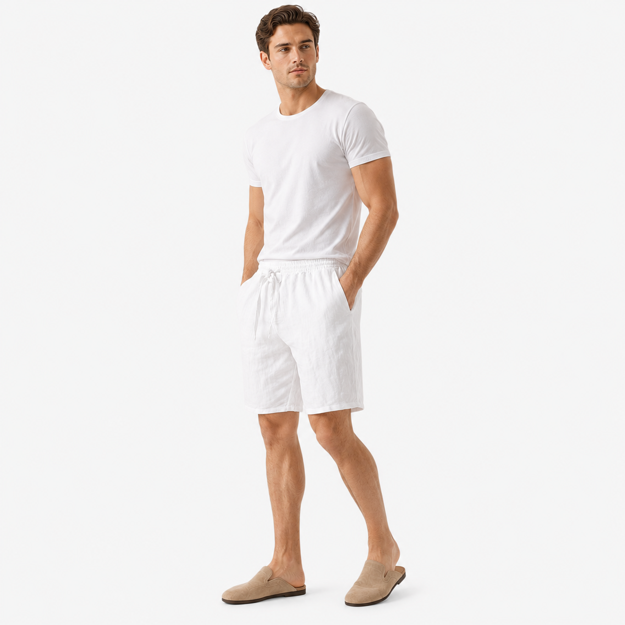 Oldevaine | Men's Linen Elastic Waist Drawstring Shorts with Pockets