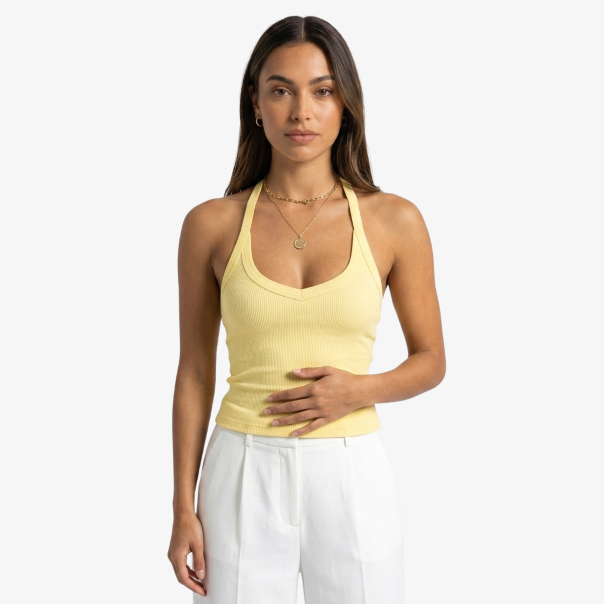 Oldevaine | Ribbed Halter Neck Backless Fitted Tank Top