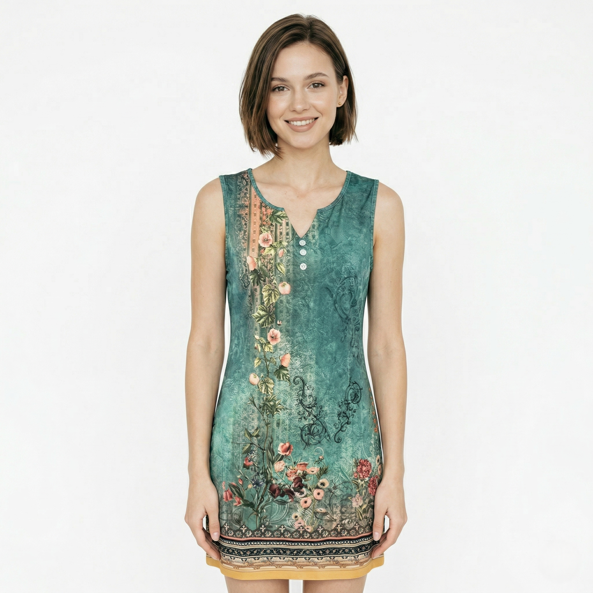 Oldevaine | Sleeveless Notch V-Neck Floral Print Sundress Button Detail