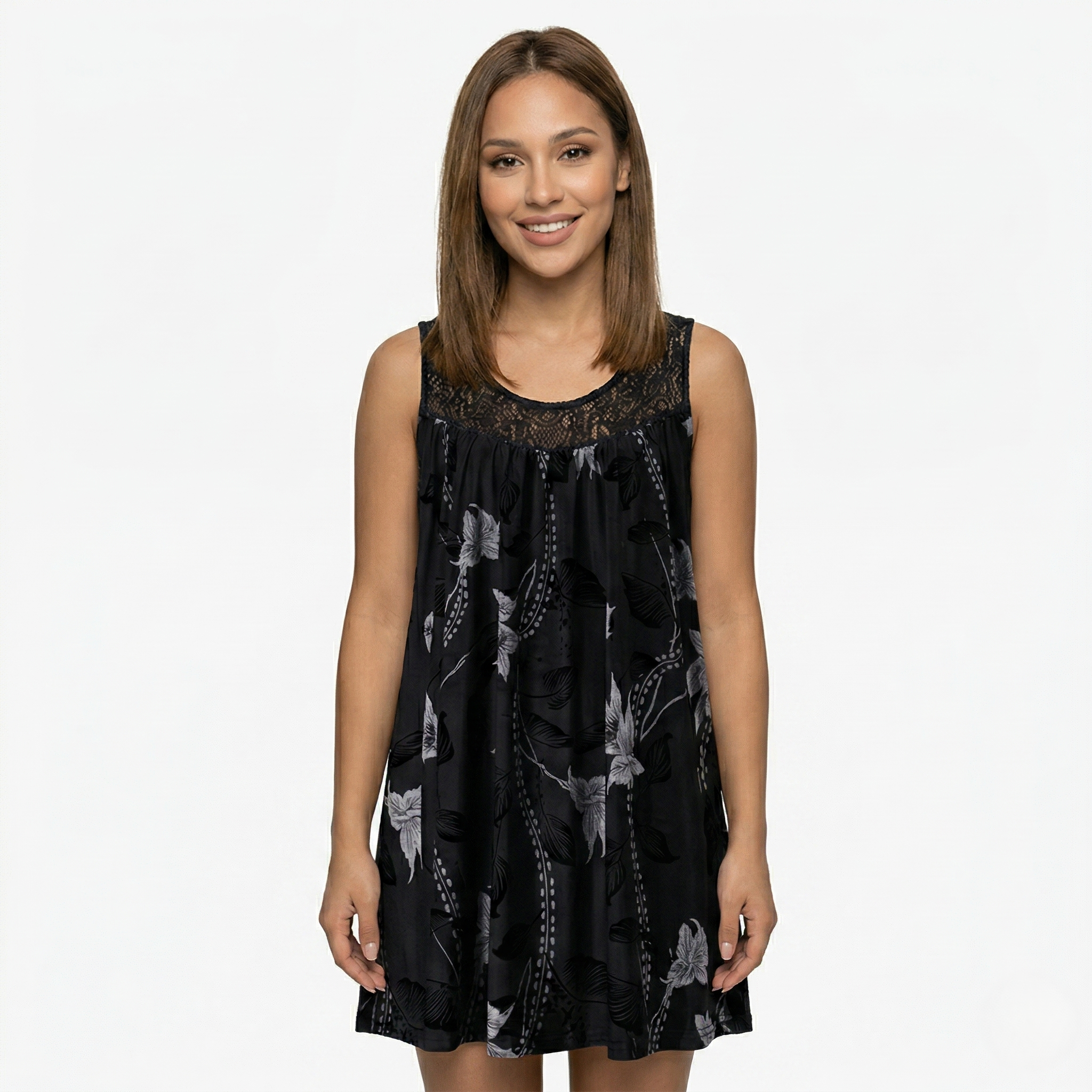Oldevaine | Sleeveless Scoop Neck Printed Mini Dress Lace Yoke Detail