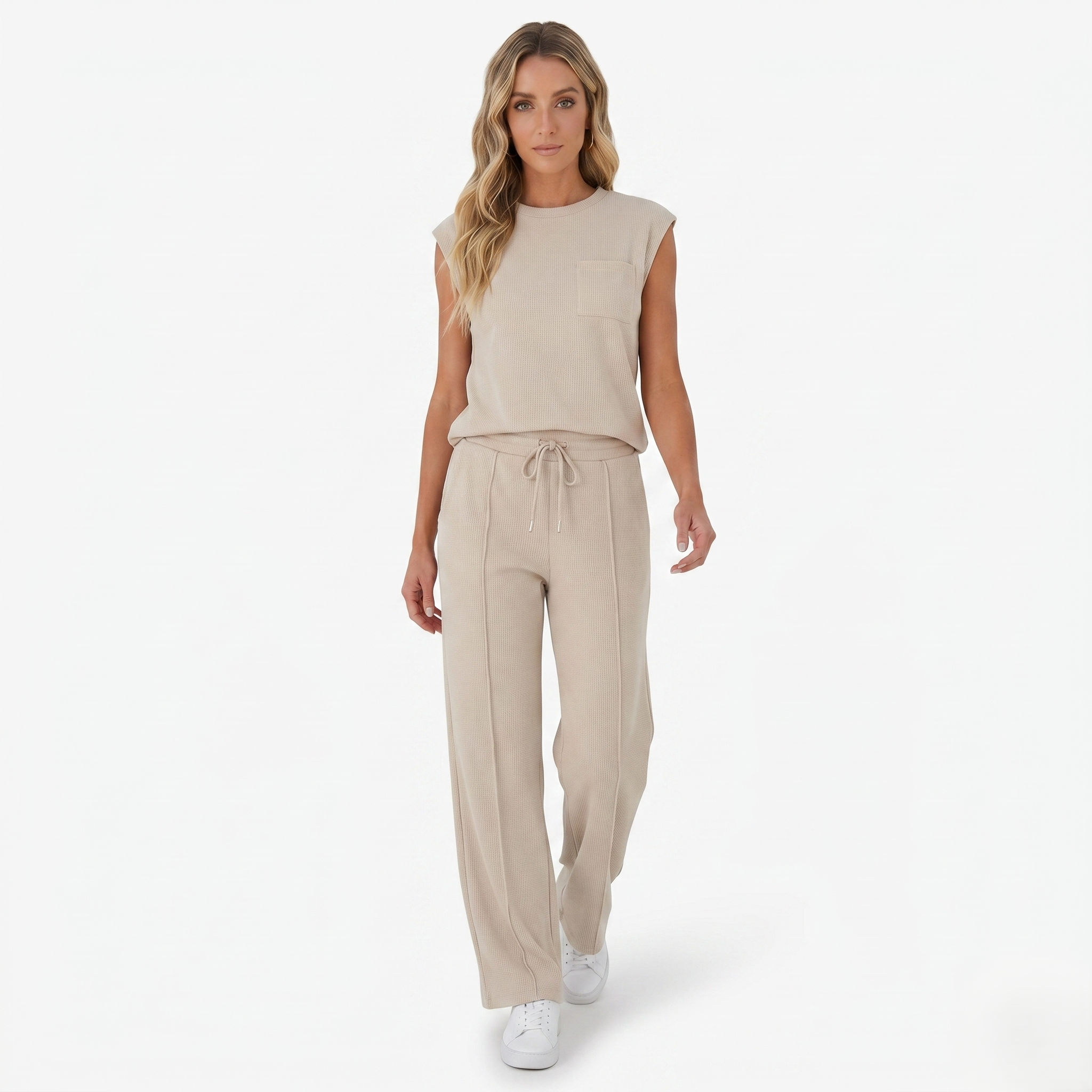 Oldevaine | Two-Piece Sleeveless Crew Neck Top and Wide Leg Trouser Set