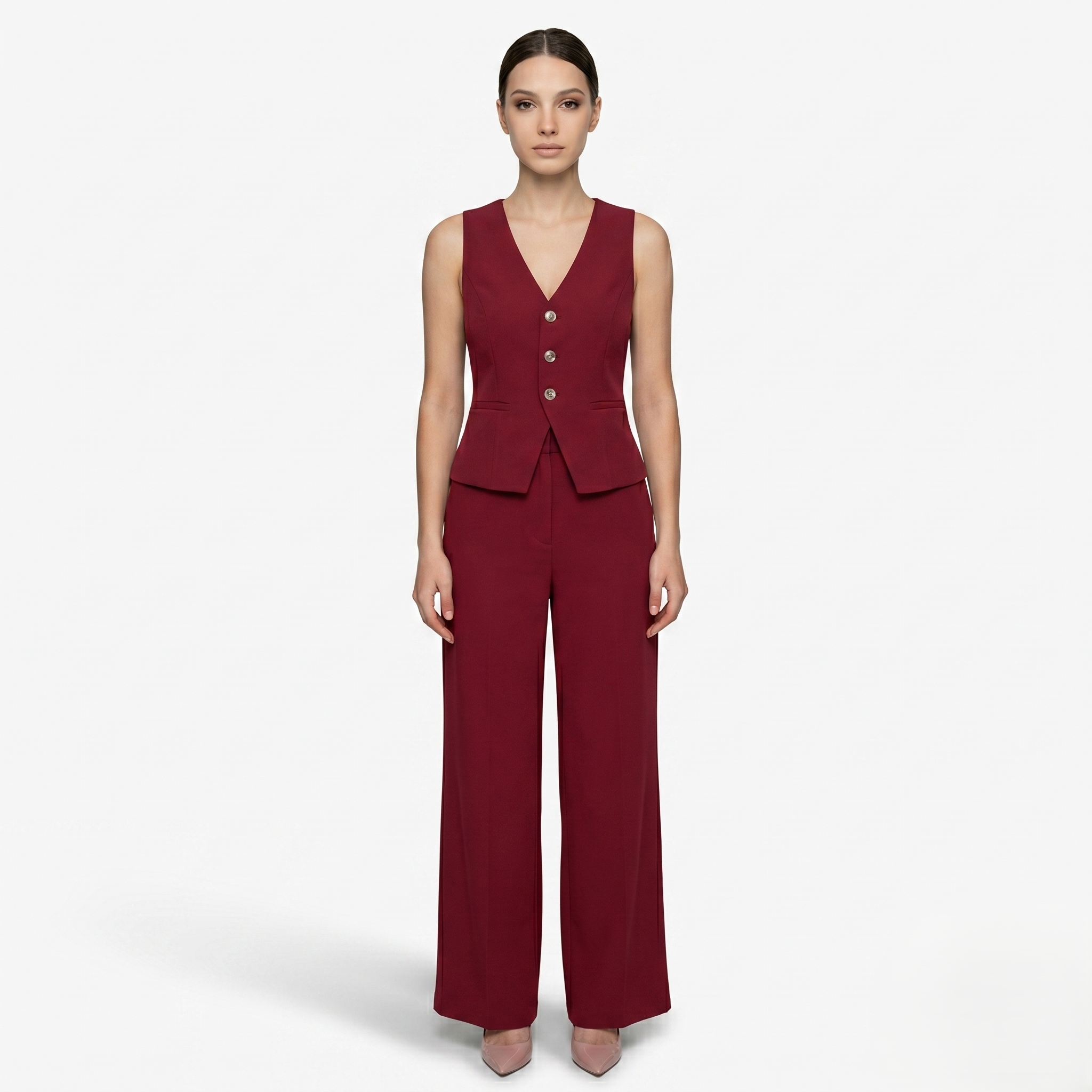 Oldevaine | Two-Piece Sleeveless V-Neck Vest Top and Wide-Leg Pants Set
