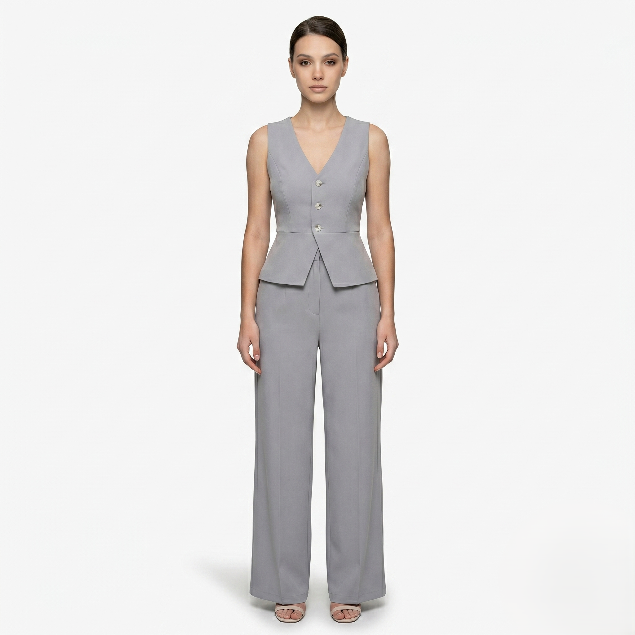 Oldevaine | Two-Piece Sleeveless V-Neck Vest Top and Wide-Leg Pants Set
