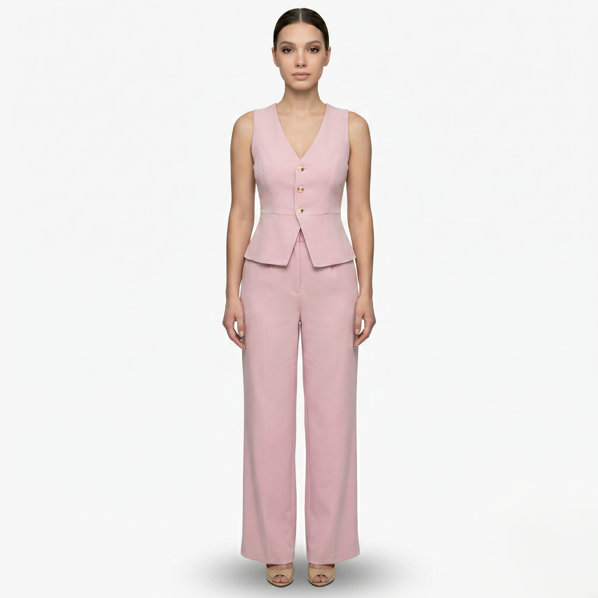 Oldevaine | Two-Piece Sleeveless V-Neck Vest Top and Wide-Leg Pants Set