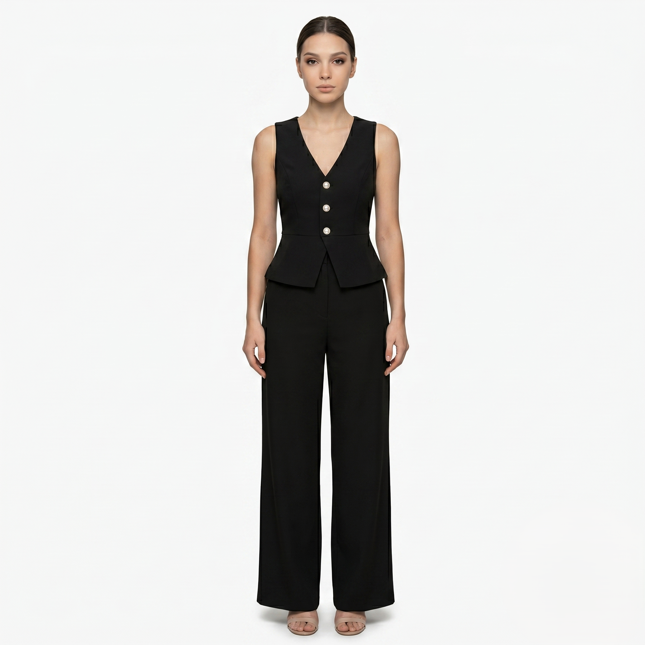 Oldevaine | Two-Piece Sleeveless V-Neck Vest Top and Wide-Leg Pants Set