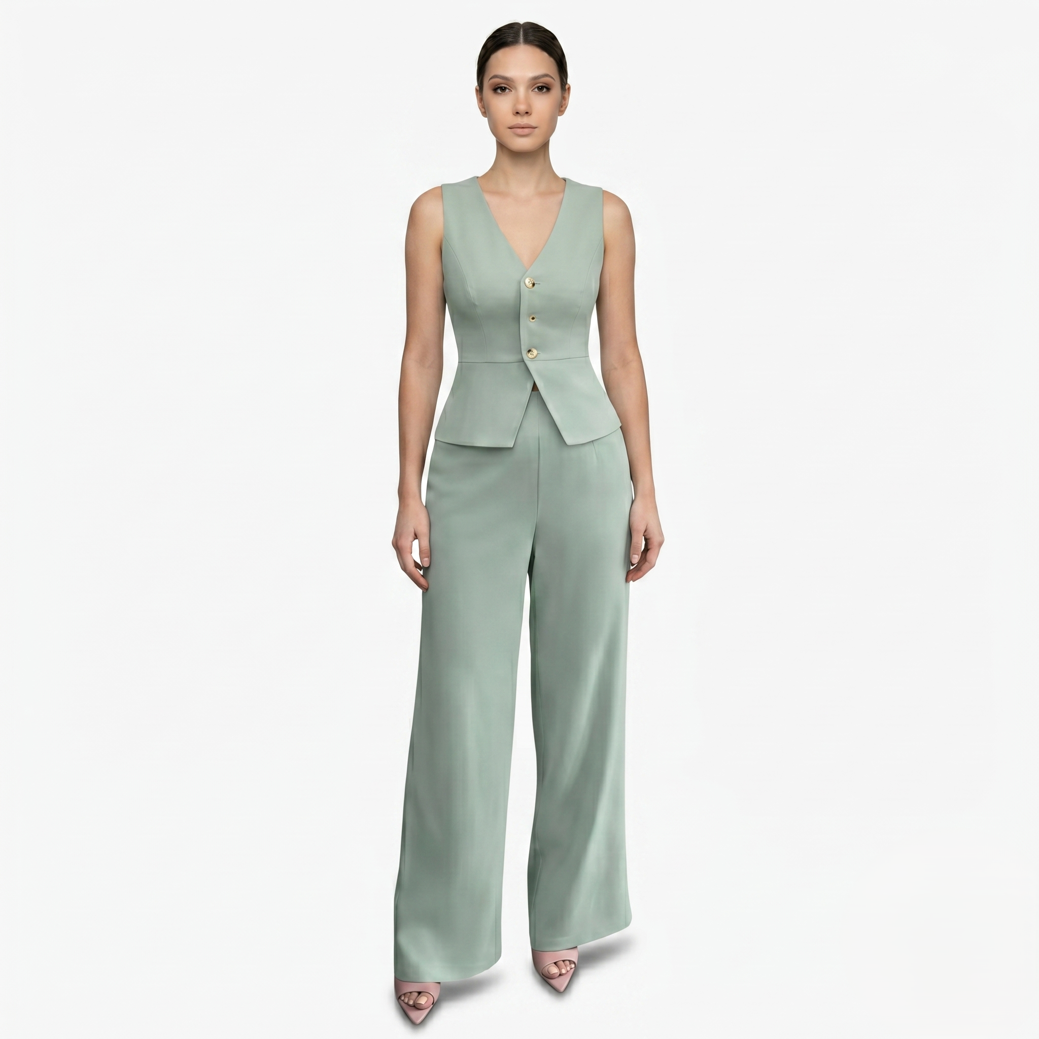 Oldevaine | Two-Piece Sleeveless V-Neck Vest Top and Wide-Leg Pants Set