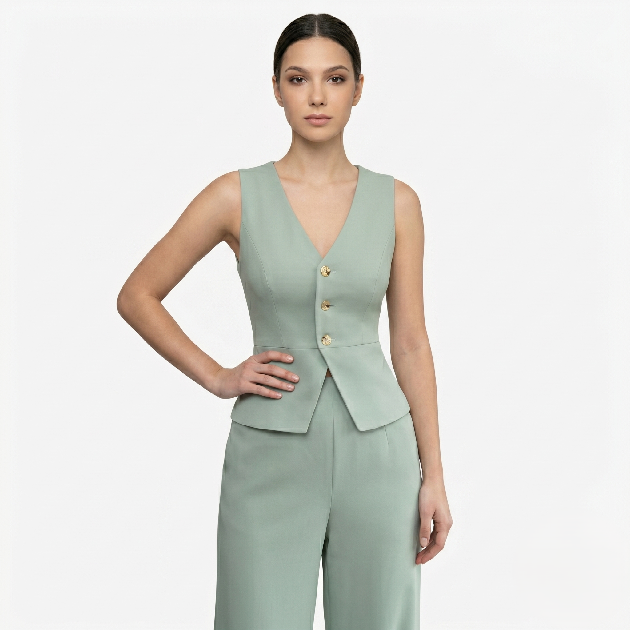 Oldevaine | Two-Piece Sleeveless V-Neck Vest Top and Wide-Leg Pants Set