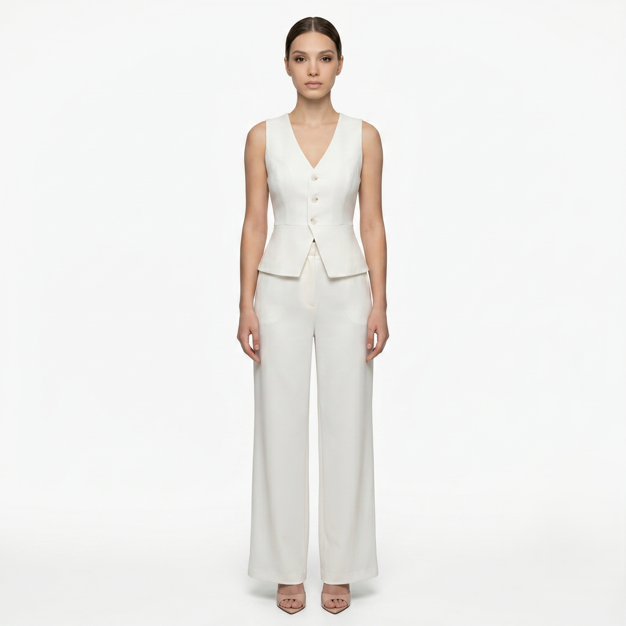Oldevaine | Two-Piece Sleeveless V-Neck Vest Top and Wide-Leg Pants Set