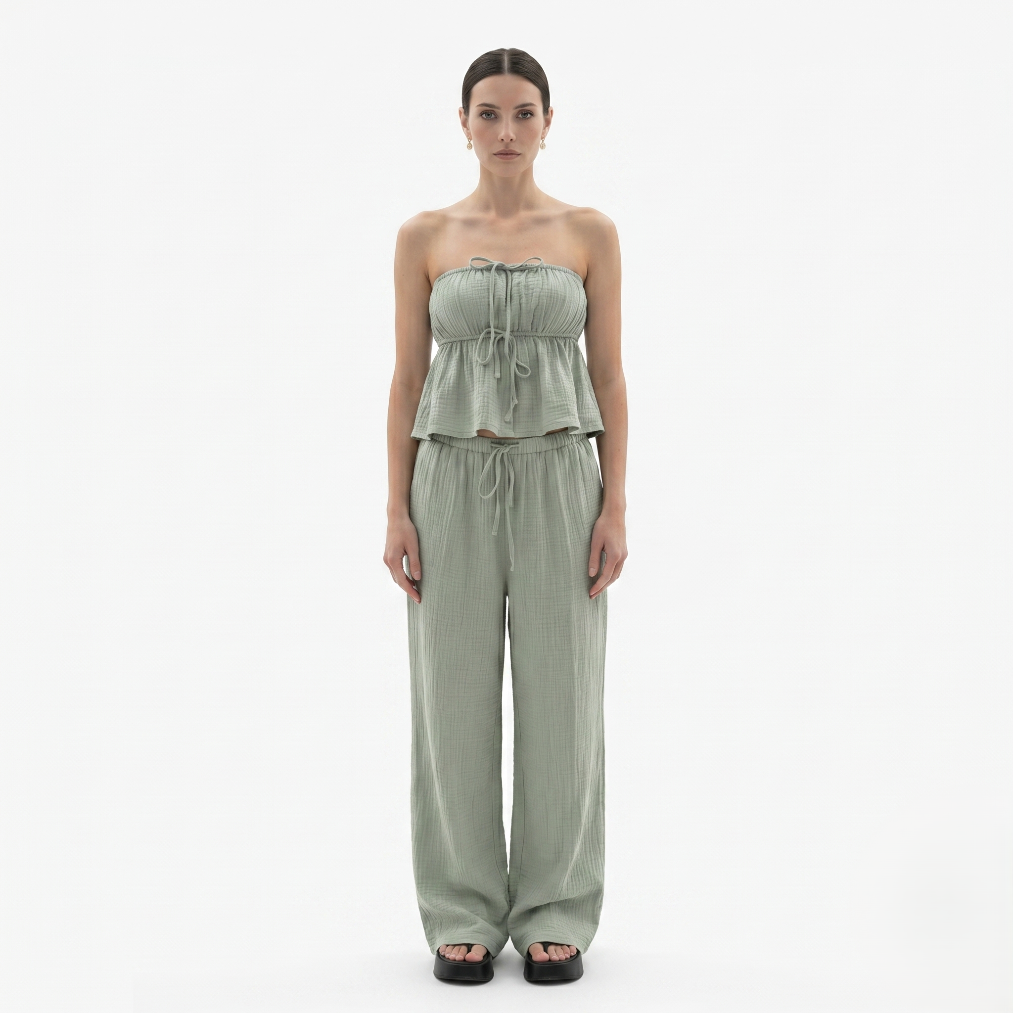Oldevaine | Two-Piece Strapless Top and Wide-Leg Pants Set